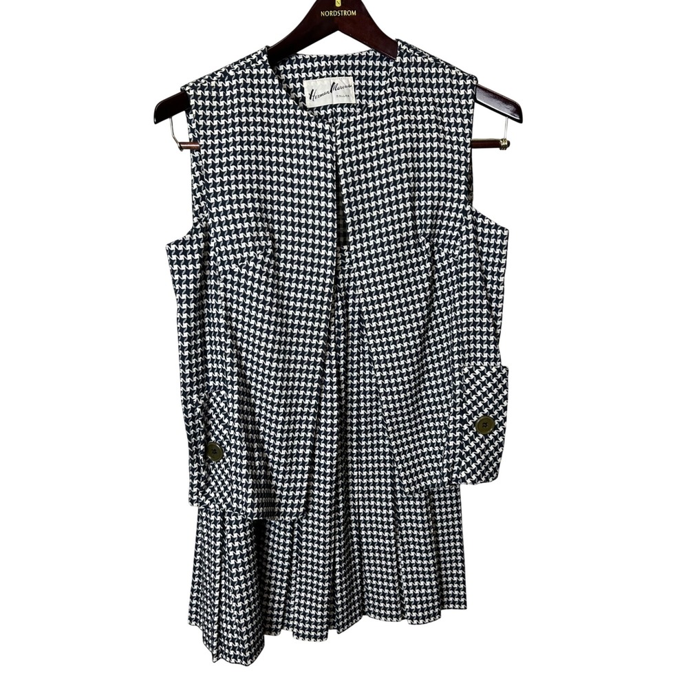 Vintage Herman Marcus Black White Houndstooth Vest and Pleated Skirt Set Size 12 - Picture 2 of 11